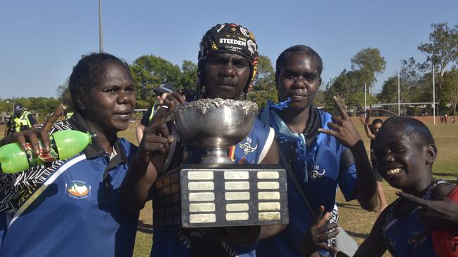 The Buffaloes following the win in the Tiwi Island Football League grand final between Tuyu Buffaloes and Pumarali Thunder. Picture: Max Hatzoglou