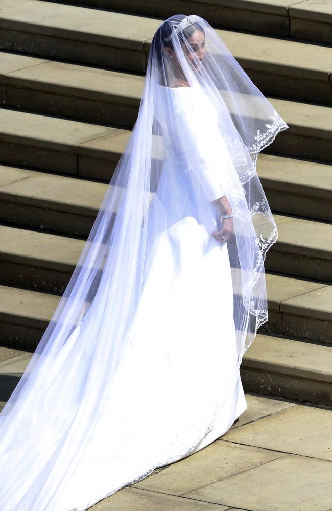 Meghan Markle stuns in Claire Waight Keller for Givenchy. Picture: Andrew Matthews/pool photo via AP