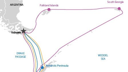 A map of an Antarctic cruise from the Chimu Adventures website. Picture: Supplied