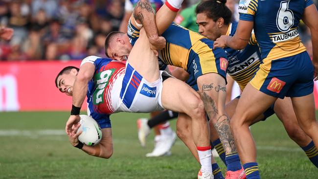 Ray Stone packs a punch in defence for Parramatta. Picture: NRL Photos