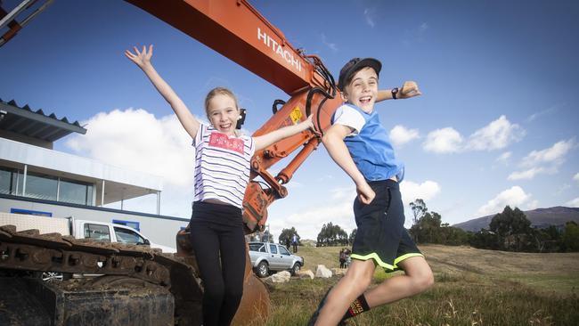 Twins, Emelia and Finlay Westwood of Blackmans Bay were excited about the beginning of construction of the new playground at Kingston back in January. Picture: LUKE BOWDEN