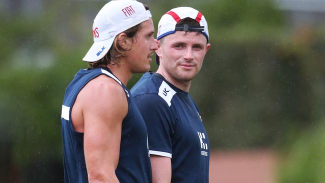 Pearce Hanley (right) chats to new teammate David Swallow. Picture: Nigel Hallett