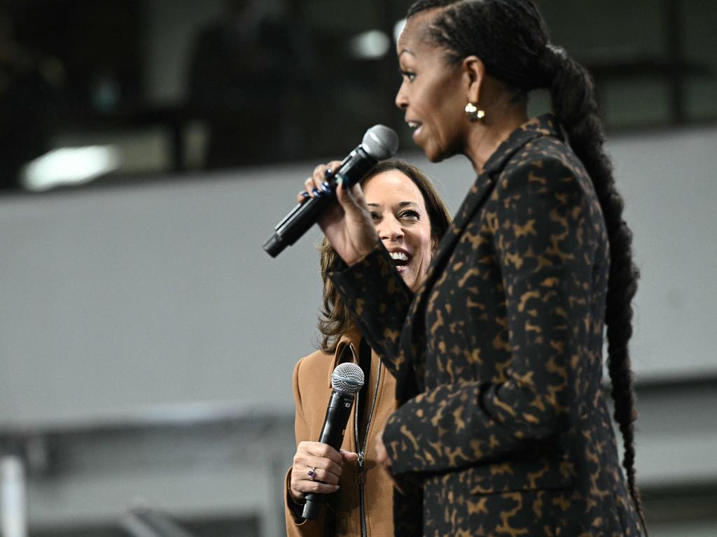 Michelle Obama joins Kamala Harris at a rally in Kalamazoo, Michigan. Picture: AFP)