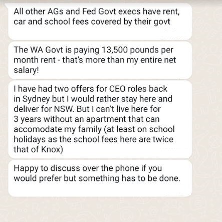 Mr Carwright complained his $600,000 salary was not enough for his life in London (pictured are mocked up WhatsApp messages).