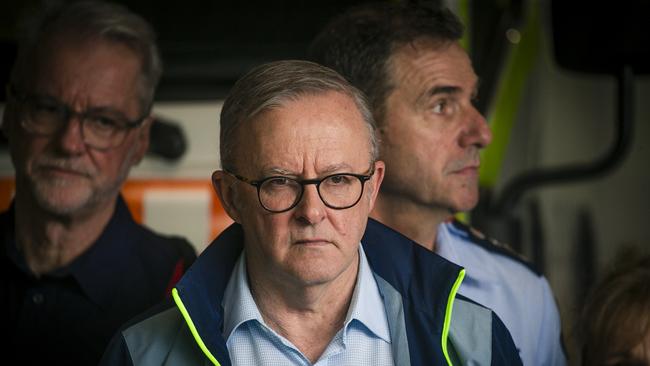 Prime Minister Anthony Albanese in Lismore as ex-TC Alfred wreaked havoc in Northern NSW. Picture: NewsWire / Glen Campbell