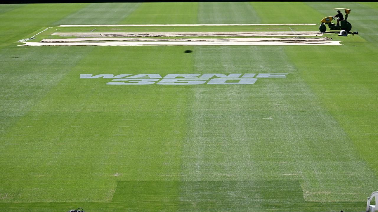 Warnie 350 painted on the MCG to commemorate Shane Warne’s Test number.