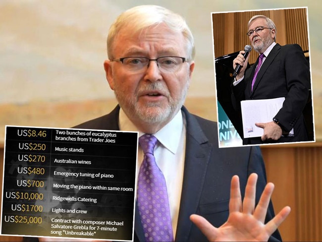 Australian Ambassador to the US Kevin Rudd hosted a $25k party on taxpayers dime to celebrate one year in Washington where a $40k song - Unbreakable - written for the embassy was performed for the first time. Pictures: News Corp/Supplied