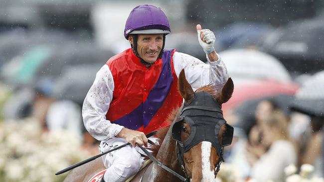 Damien Oliver after winning the 2019 Victorian Dery. Picture: Getty