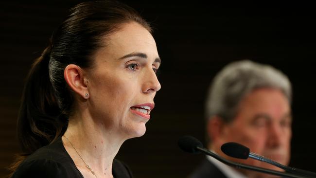 NZ Prime Minister Jacinda Ardern and Deputy Prime Minister Winston Peters speak to media during a press conference announcing cabinet has reached in-principle agreement on tougher gun laws. Picture: Hagen Hopkins/Getty