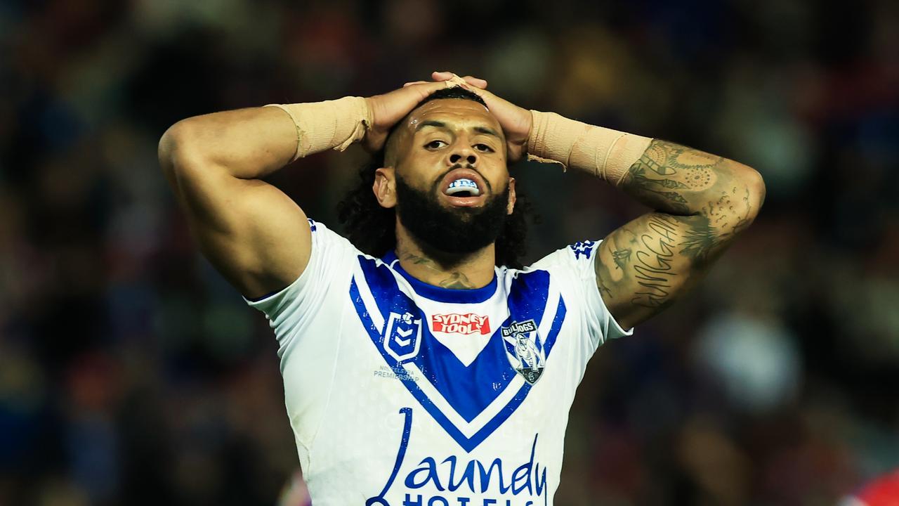 NEWCASTLE, AUSTRALIA - AUGUST 13: A dejected Josh Addo-Carr of the Bulldogs during the round 24 NRL match between Newcastle Knights and Canterbury Bulldogs at McDonald Jones Stadium on August 13, 2023 in Newcastle, Australia. (Photo by Jenny Evans/Getty Images)