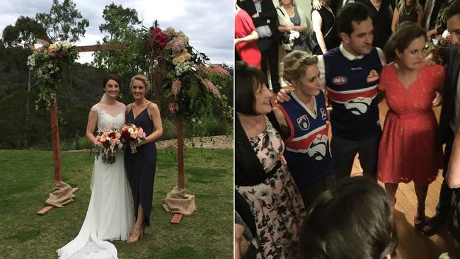 The Western Bulldogs jumper doubles as the perfect bridesmaid dress. Pictures: Supplied.