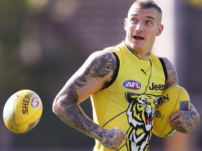 MELBOURNE, AUSTRALIA - MARCH 27: Dustin Martin of the Tigers looks upfield during a Richmond Tigers AFL training session at Punt Road Oval on March 27, 2019 in Melbourne, Australia. (Photo by Michael Dodge/Getty Images)