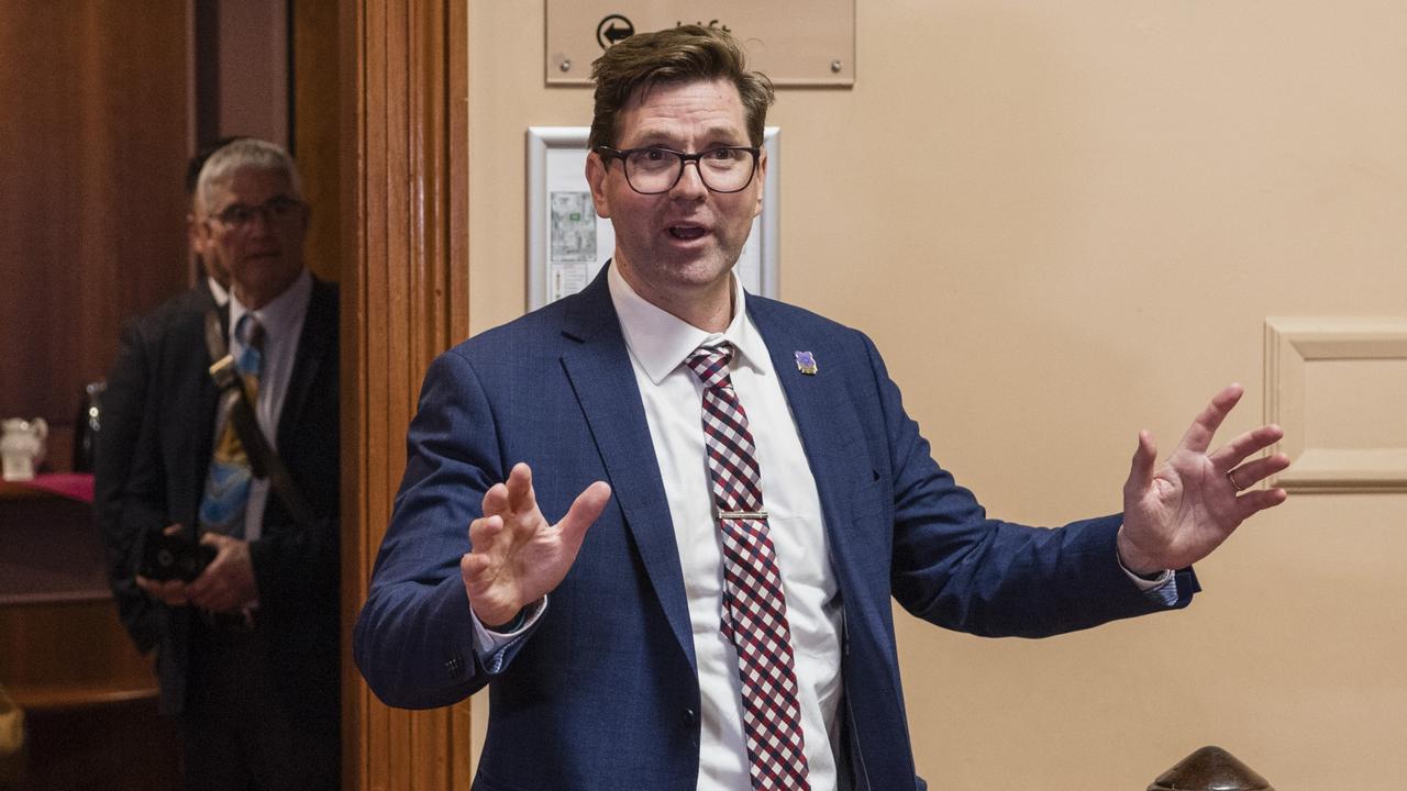 Councillor Geoff McDonald greets his supporters after he was named the new Toowoomba Regional Council mayor at a special meeting, Friday, July 21, 2023. Picture: Kevin Farmer