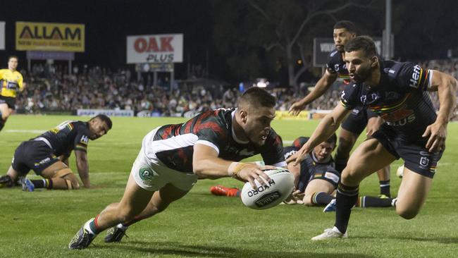 Corey Allan scores for South Sydney during their Round 7 clash with Penrith. Picture: AAP Image/Craig Golding