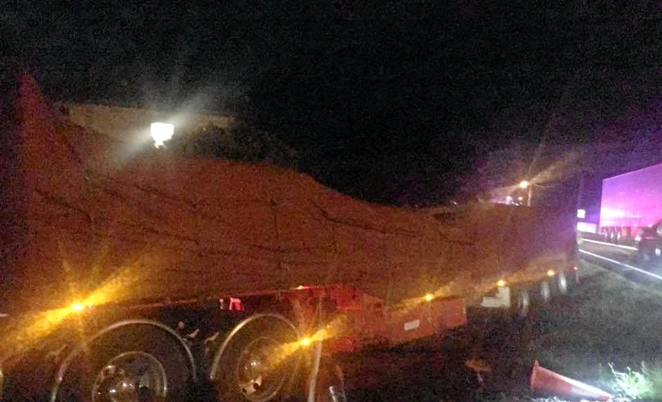 Two trucks collided at Ulmarra late Tuesday night with one hitting a muddy embankment. Picture: John Leask