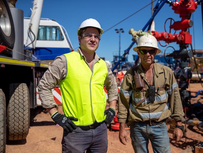 Empire Energy boss Alex Underwood with site manager Scott Hobday at the company's Carpentaria-2H onshore gas well drill site in the NT.