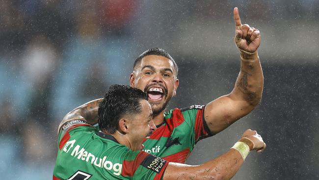 SYDNEY, AUSTRALIA - MAY 09: LatrellÃÂ Mitchell of the Rabbitohs celebrates with team mates after scoring a try during the round 10 NRL match between the South Sydney Rabbitohs and Brisbane Broncos at Accor Stadium on May 09, 2025, in Sydney, Australia. (Photo by Darrian Traynor/Getty Images)