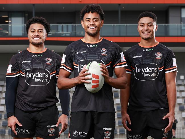 Daily Telegraph. 05, June, 2023.(Preview photo ahead their round 15 NRL game against the Titans). West Tigers, Fonua Pole, Jahream Bula and Junior Tupou, during training at Concord Oval, today.Picture: Justin Lloyd.