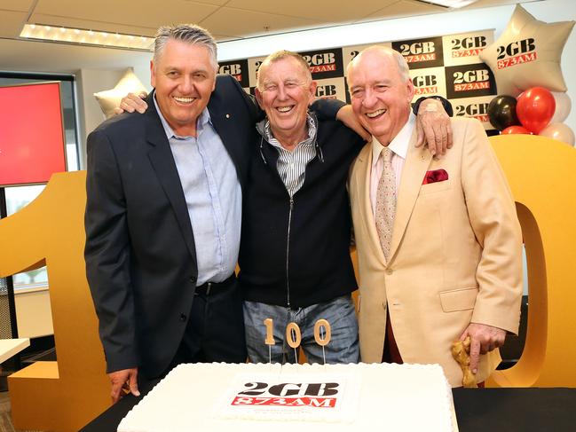 08/11/2016: Ray Hadley, John Singleton and Alan Jones at 2GB in Pyrmont, celebrating 100 consecutive radio ratings wins.Pic by James Croucher