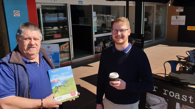 NOW OPEN: Ben Apsey (right) has opened Travel Mugs Coffee on Margaret St, as a sublease of his father Paul's agency Globetrotters Travel and Cruise Toowoomba.