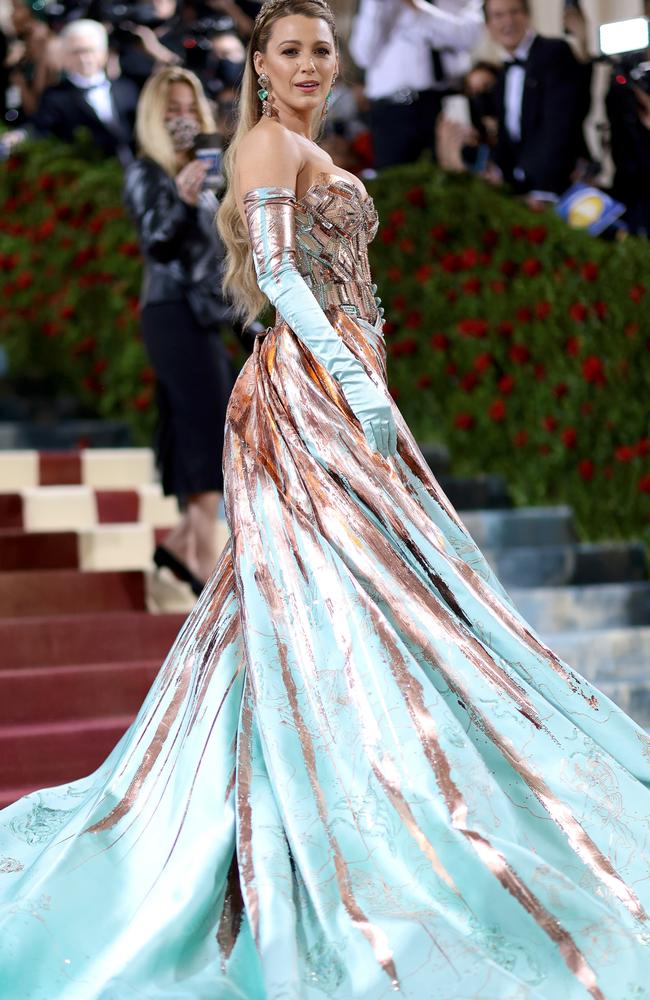 Part two! Lively unveiled the underside of her dress, which revealed a different colour. Picture: Dimitrios Kambouris/Getty Images for The Met Museum/Vogue