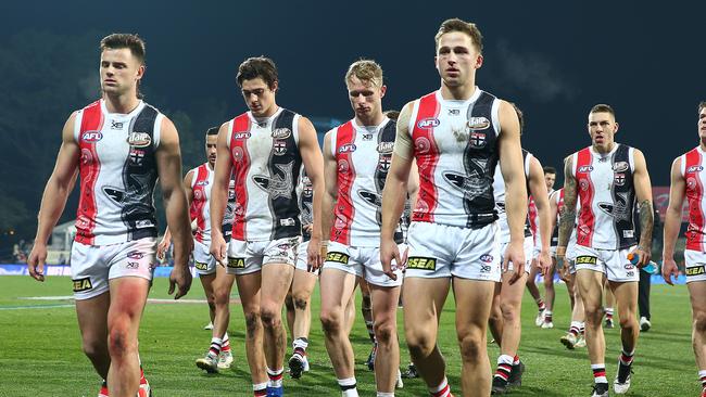 HOBART, AUSTRALIA - JULY 07: The Saints leave the field after losing the round 16 AFL match between the North Melbourne Kangaroos and the St Kilda Saints at Blundstone Arena on July 07, 2019 in Hobart, Australia. (Photo by Scott Barbour/Getty Images)