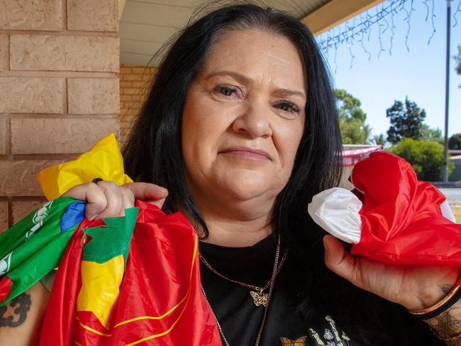 ADELAIDE, SOUTH AUSTRALIA - Advertiser Photos DECEMBER 9, 2024: Tracy Rogers in her Andrews Farm front yard with some of her Christmas themed inflatables after her inflatable Santa was stolen. Picture Emma Brasier