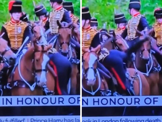 A member of King Charles' troops struggled during ceremonial events in London. Picture: Twitter