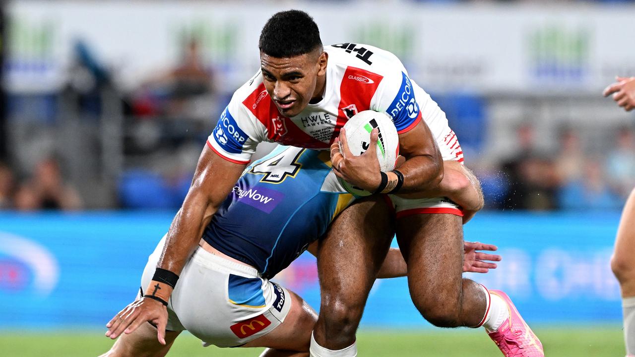 Viliami Fifita of the Dragons takes on the defence during the opening round. Picture: Bradley Kanaris/Getty Images