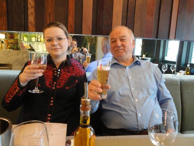 Ex-Russian spy Sergei Skripal and daughter Yulia pose in Zizzi where they had lunch shortly before they were found slumped unconscious. Picture: Supplied