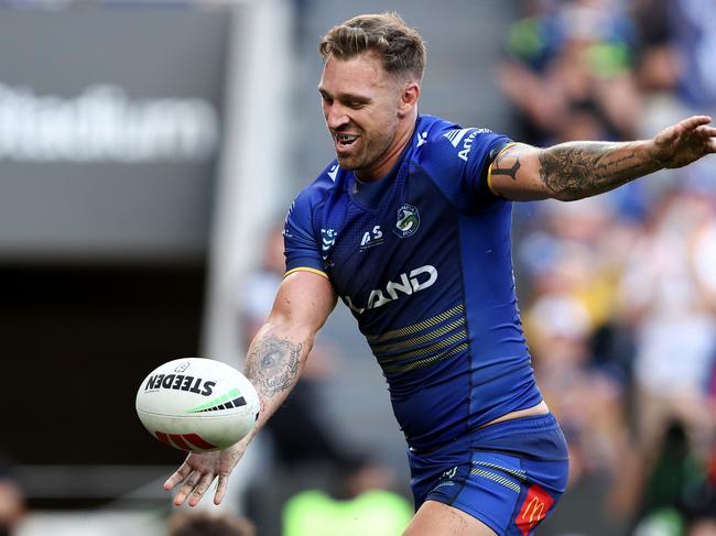 SYDNEY, AUSTRALIA - MARCH 09: Bryce Cartwright of the Eels celebrates scoring a try during the round one NRL match between Parramatta Eels and Canterbury Bulldogs at CommBank Stadium, on March 09, 2024, in Sydney, Australia. (Photo by Brendon Thorne/Getty Images)