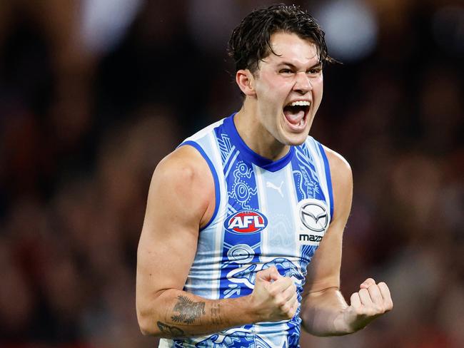 Curtis Taylor celebrates a goal for the Kangas. Photo: Dylan Burns/AFL Photos via Getty Images