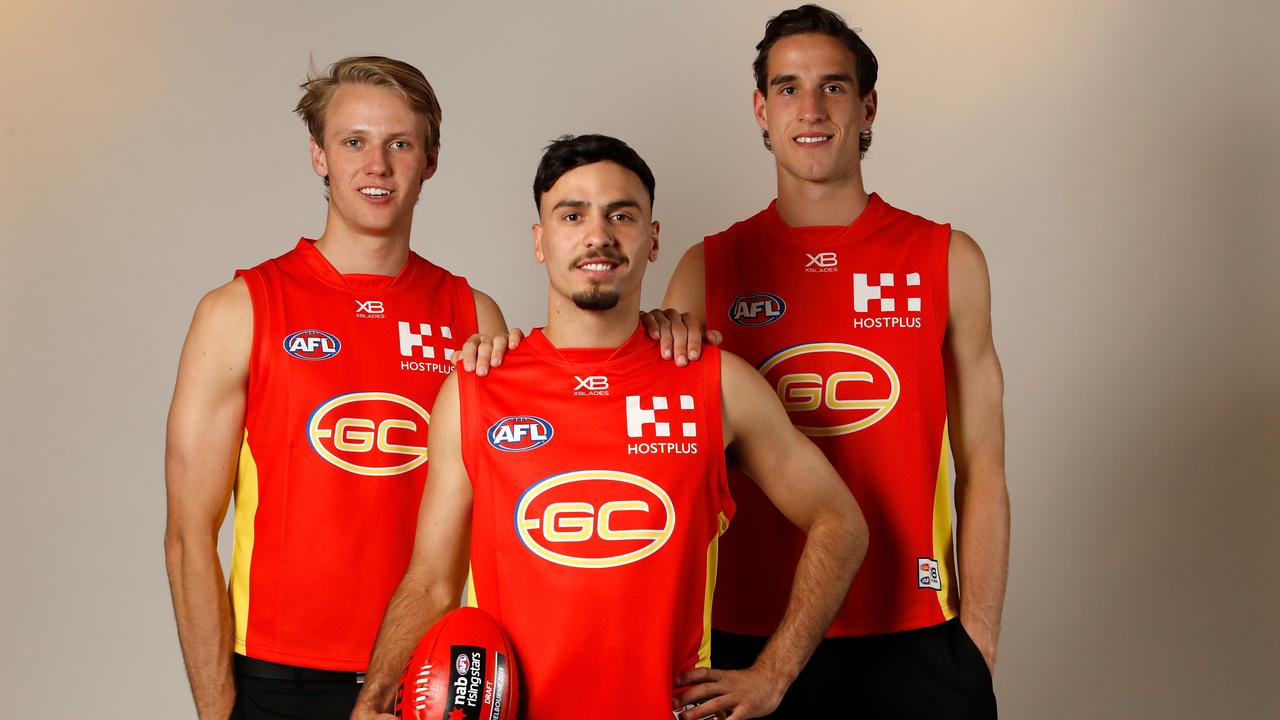 Gold Coast’s top picks in the 2018 draft - South Australians Jack Lukosius and Izak Rankine, and Victorian Ben King. (Photo by Adam Trafford/AFL Media/Getty Images)