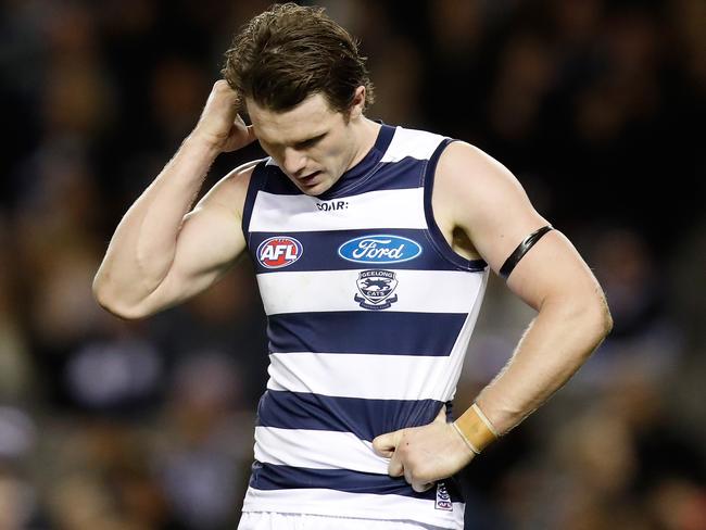 Patrick Dangerfield of the Cats looks on against Carlton.