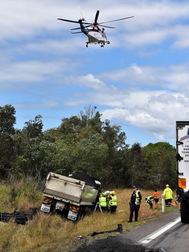 Photos from the scene of an accident involving two trucks and a utility vehicle at Yuruga on the Bruce Highway between Townsville and Ingham. Two men have been badly injured. Picture: Cameron Bates