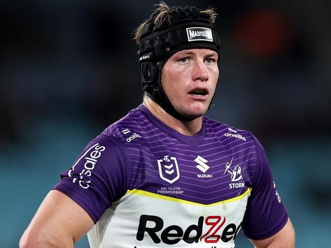 SYDNEY, AUSTRALIA - AUGUST 08: Harry Grant of the Storm looks on during the round 23 NRL match between South Sydney Rabbitohs and Melbourne Storm at Accor Stadium, on August 08, 2024, in Sydney, Australia. (Photo by Brendon Thorne/Getty Images)