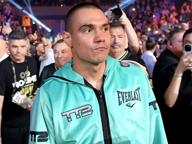 GOLD COAST, AUSTRALIA - OCTOBER 15: Tim Tszyu does his walk to the ring before the WBO super-welterweight world title bout between Tim Tszyu and Brian Mendoza at Gold Coast Convention and Exhibition Centre on October 15, 2023 in Gold Coast, Australia. (Photo by Bradley Kanaris/Getty Images)