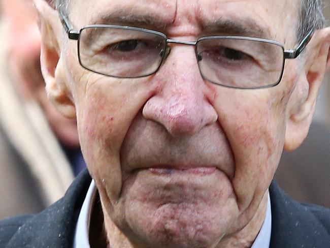 Trial of Robert Claffey at Geelong. Retired Bishop Ronald Mulkearns leaving Geelong Court. Picture: Mike Dugdale