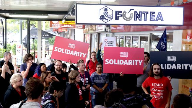 A protest against wage theft outside the Fun Tea bubble tea shop on Gouger Street. Picture: Kelly Barnes/NCA NewsWire