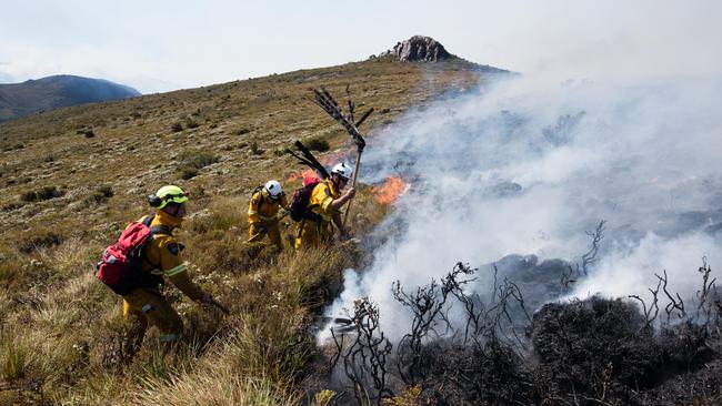 Tasmania Fire Service firefighters at the Gell River fire. Picture: WARREN FREY/TASMANIA FIRE SERVICE