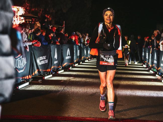 Yolande Willemse crosses the finish line of last year's Ultra Trail Australia 100km event held in Blue Mountains.