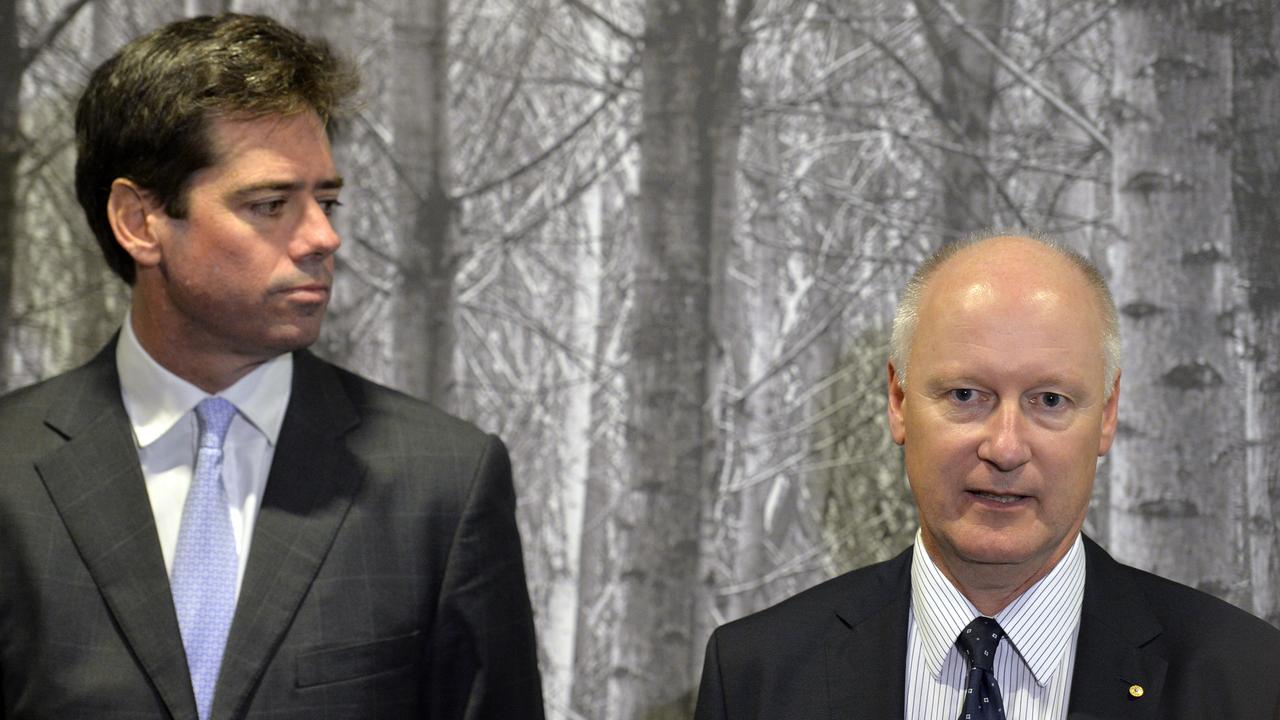 Gillon McLachlan and AFL Commission Chairman Richard Goyder at the announcement of Robin Bishop as a newly elected AFL commissioner. Photo Jeremy Piper