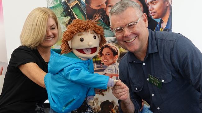 Play therapist Lisa Wilson, Jack the Flood Puppet, and Federal Minister for Emergency Management, Murray Watt at the launch of the government's $10 million Resilient Kids program.