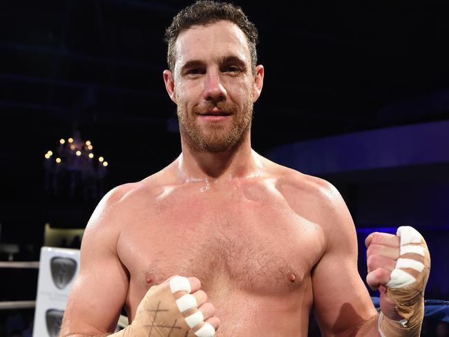 Former Geelong, Sydney and Giants ruckman Shane Mumford is having his first professional boxing bout on Friday night, July 6, in Kensington. Heavyweight bout between Kyle Brumby v Shane Mumford which was won by Mumford by knockout.  Post bout. Picture: Lawrence Pinder