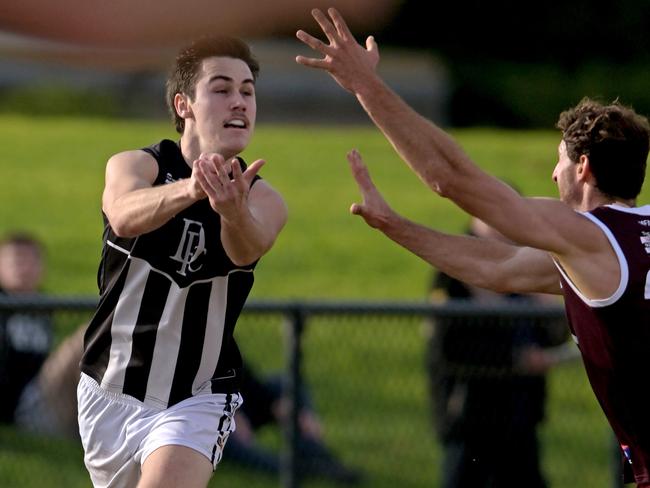 DarleyÃs Zane Le Huray and MeltonÃs Ryan Carter during the BFNL Melton v Darley football match in Toolern Vale, Saturday, June 3, 2023. Picture: Andy Brownbill