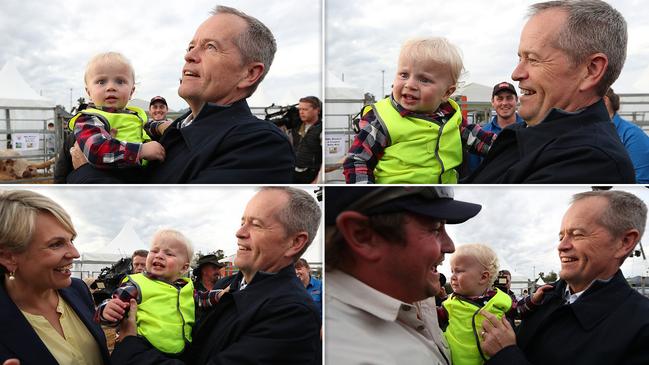 Little Harvey Cresswell reacts to Opposition leader Bill Shorten on Wednesday. Pictures: Kym Smith