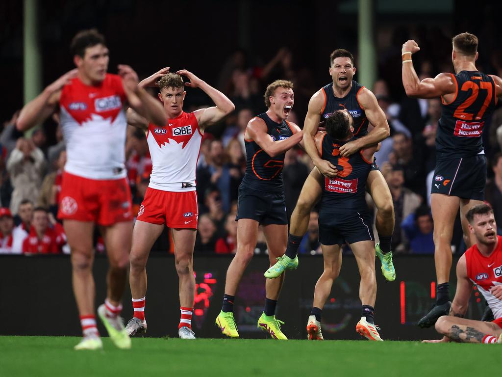 SYDNEY, AUSTRALIA - APRIL 29: Toby Greene of the Giants celebrates with his team mates after kicking a goal during the round seven AFL match between Sydney Swans and Greater Western Sydney Giants at Sydney Cricket Ground, on April 29, 2023, in Sydney, Australia. (Photo by Mark Kolbe/AFL Photos/via Getty Images )