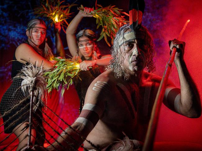 Yabarra: Dreaming in Light installation atTandanya National Aboriginal Cultural Institute, Karl Winda Telfer, Senior Custodian, with daughters Jakirah & Tikana Telfer from Yellaka, photographed Tuesday February 11, 2020 - pic AAP/MIKE BURTON