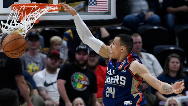 Jake Wiley of the Adelaide 36ers finds the ring against Utah Jazz in Salt Lake City. Picture: Gene Sweeney Jr./Getty Images