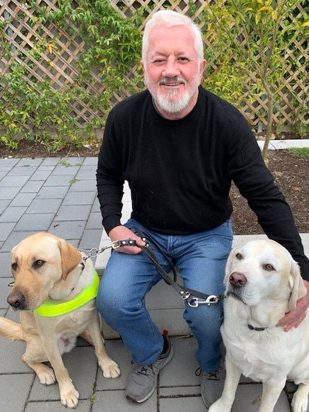 Michael Hutchison with retired guide, Roy, and new guide dog, Stirling. Picture: Supplied